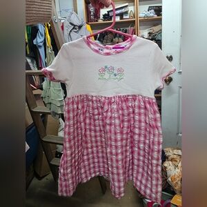 Charming Pink Checkered Kids Dress with Floral Embroidery
